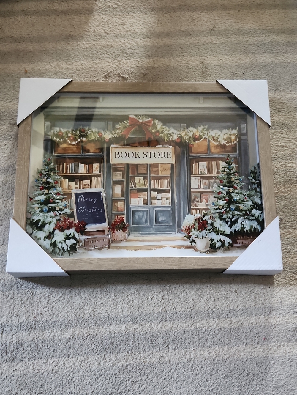 Holiday Bookstore Wall Art – Festive Winter Scene in Green and Red
